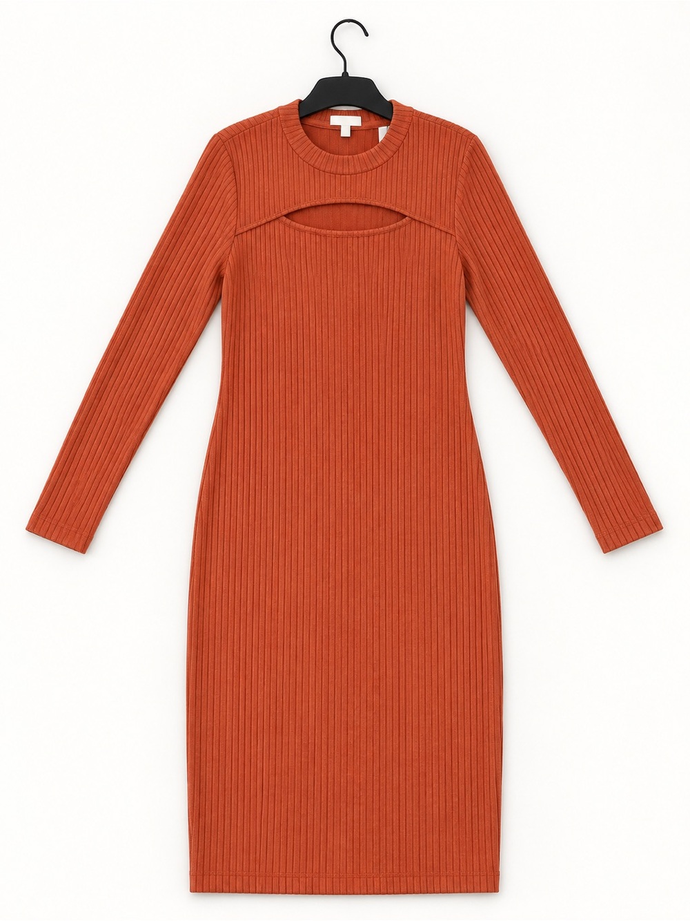 love J Ribbed Long-Sleeve Midi Dress in Rust Orange